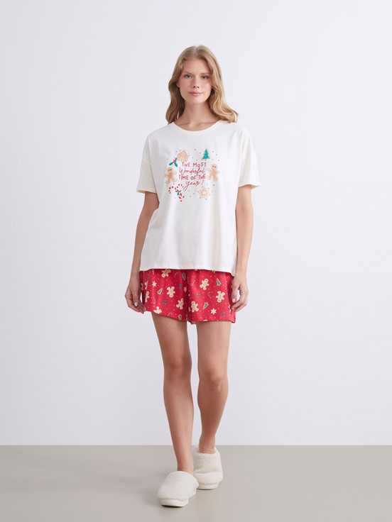 Şortlu Pijama Takımı CANLI KIRMIZI BASKILI