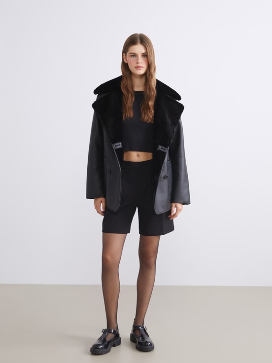 Deri Görünümlü Mont YENİ SİYAH