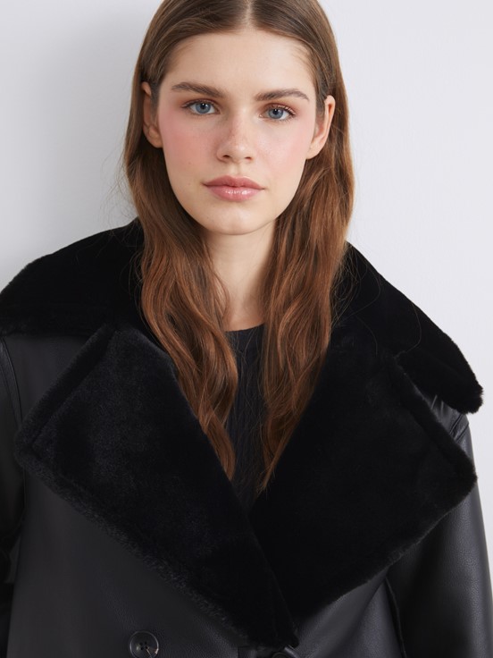 Deri Görünümlü Mont YENİ SİYAH