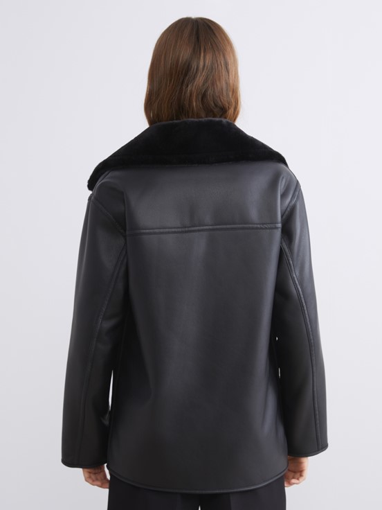 Deri Görünümlü Mont YENİ SİYAH