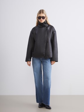 Deri Görünümlü Mont YENİ SİYAH