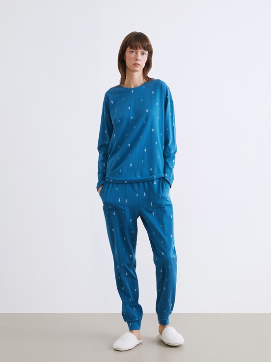 Pijama Alt KOYU SU MAVİSİ BASKILI