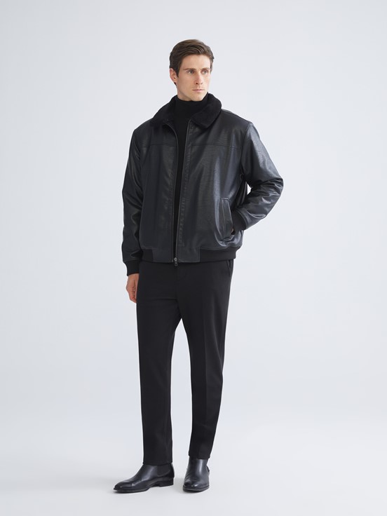 Deri Görünümlü Mont YENİ SİYAH