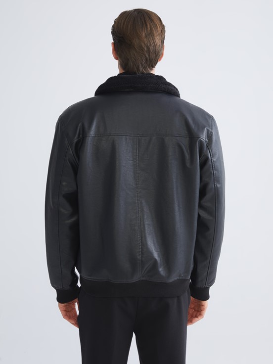 Deri Görünümlü Mont YENİ SİYAH