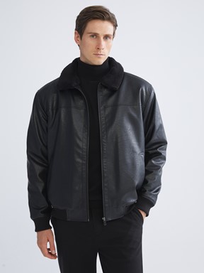 Deri Görünümlü Mont YENİ SİYAH