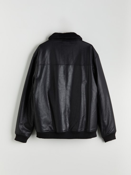 Deri Görünümlü Mont YENİ SİYAH