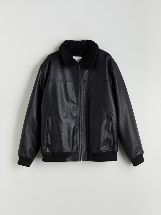 Deri Görünümlü Mont YENİ SİYAH