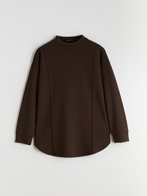 MODEST Dik Yaka Düz Uzun Kollu Kadın Sweatshirt Tunik KOYU KAHVERENGİ