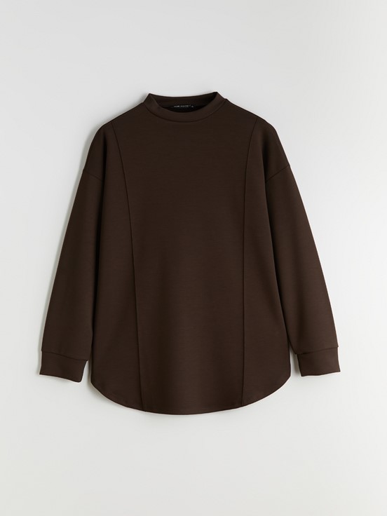 MODEST Dik Yaka Düz Uzun Kollu Kadın Sweatshirt Tunik KOYU KAHVERENGİ