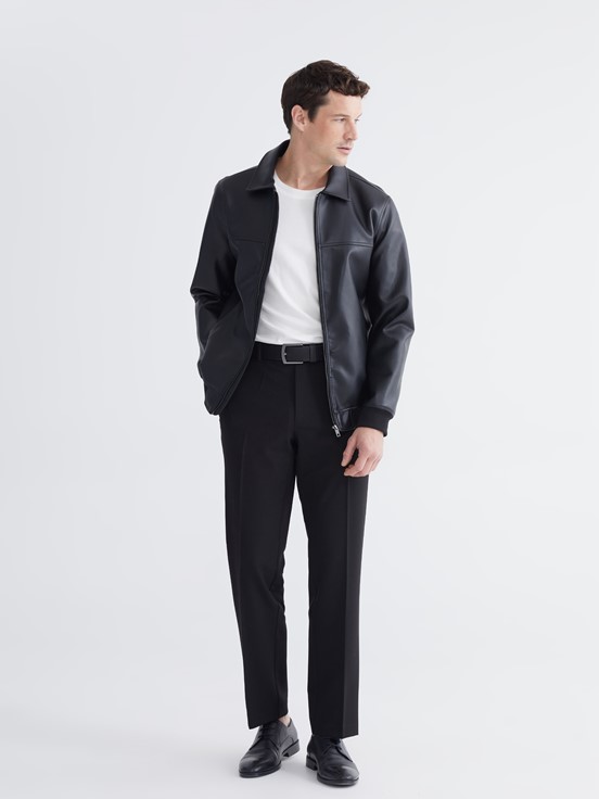 Deri Görünümlü Mont YENİ SİYAH