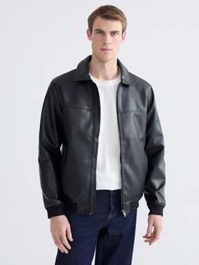 Deri Görünümlü Mont YENİ SİYAH