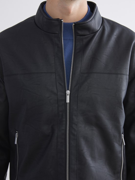 Deri Görünümlü Mont YENİ SİYAH