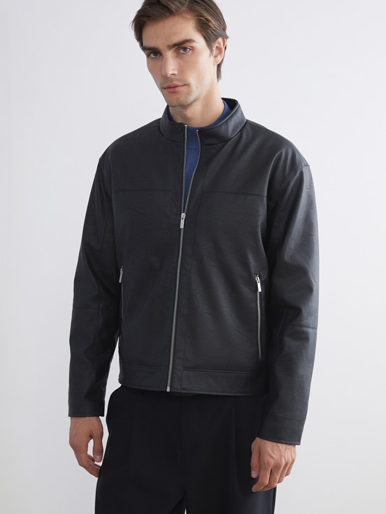 Deri Görünümlü Mont YENİ SİYAH