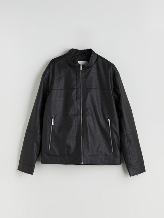 Deri Görünümlü Mont YENİ SİYAH