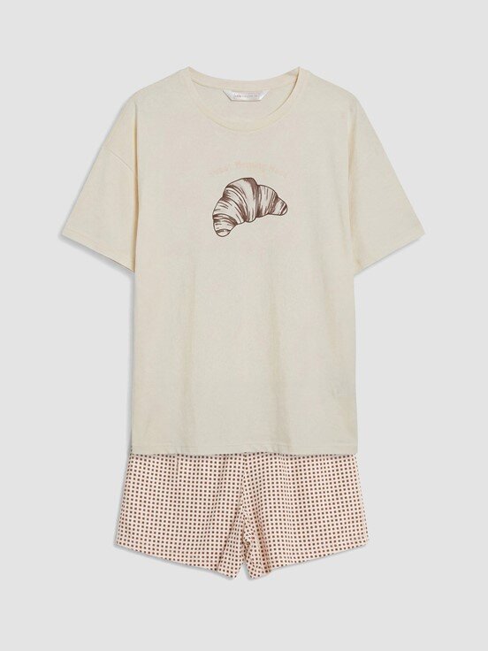 Şortlu Pijama Takımı AÇIK KAHVERENGİ BASKILI