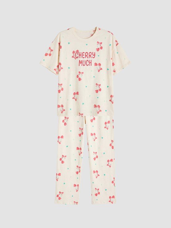 Pijama Takım BEJ BASKILI
