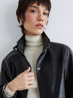 Deri Görünümlü Mont YENİ SİYAH