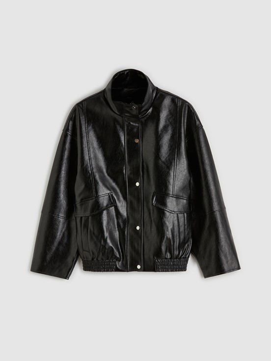 Deri Görünümlü Mont YENİ SİYAH