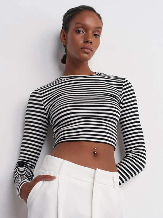Dilvin Çizgili Uzun Kollu Crop Top