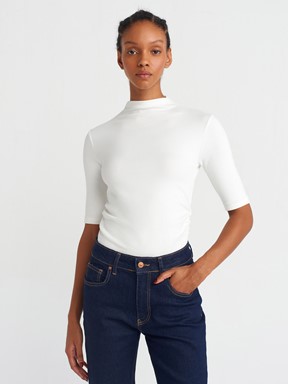 Dilvin Dik Yaka Büzgülü T-Shirt