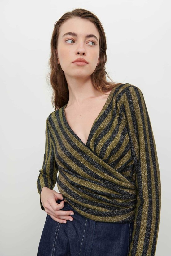 Roman Kruvaze Çizgi Örme Bluz