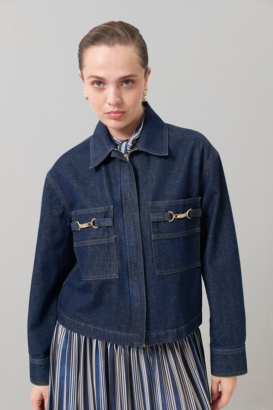 Roman Fermuarlı Denim Ceket