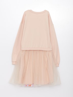 Bisiklet Yaka Baskılı Uzun Kollu Kız Çocuk Elbise MAT PEMBE