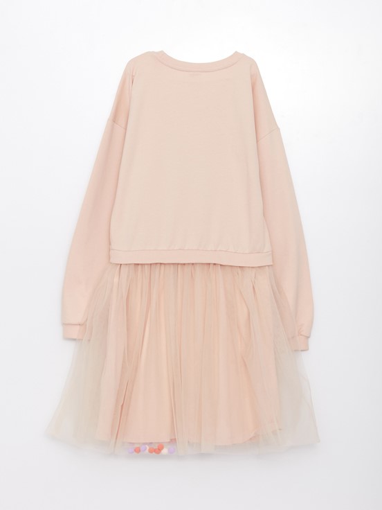 Bisiklet Yaka Baskılı Uzun Kollu Kız Çocuk Elbise MAT PEMBE