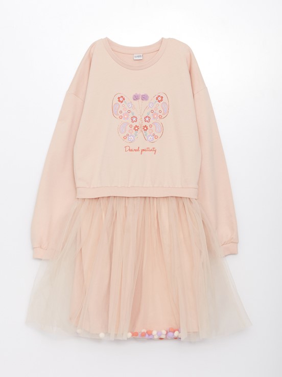 Bisiklet Yaka Baskılı Uzun Kollu Kız Çocuk Elbise MAT PEMBE