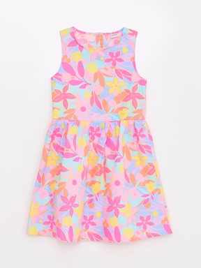 Bisiklet Yaka Desenli Kız Çocuk Elbise ŞEKER PEMBE BASK