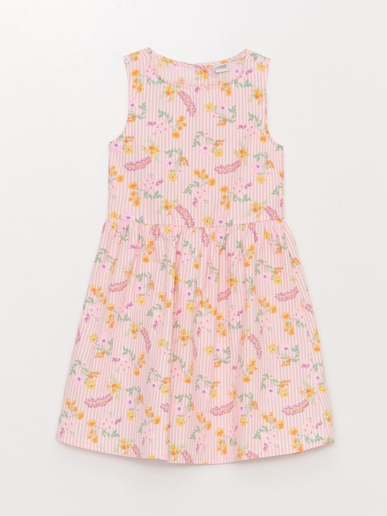Bisiklet Yaka Desenli Kız Çocuk Elbise ŞEKER PEMBE BASK