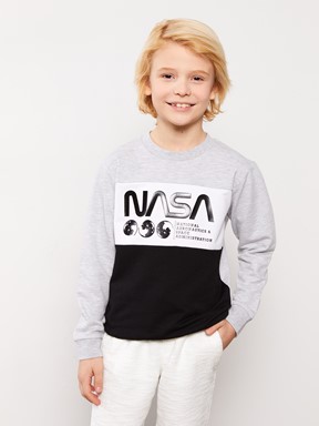 Bisiklet Yaka Nasa Baskılı Uzun Kollu Erkek Çocuk Sweatshirt GRİ MELANJ