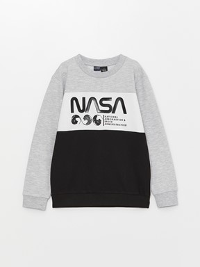 Bisiklet Yaka Nasa Baskılı Uzun Kollu Erkek Çocuk Sweatshirt GRİ MELANJ