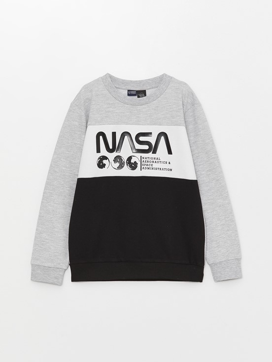 Bisiklet Yaka Nasa Baskılı Uzun Kollu Erkek Çocuk Sweatshirt GRİ MELANJ