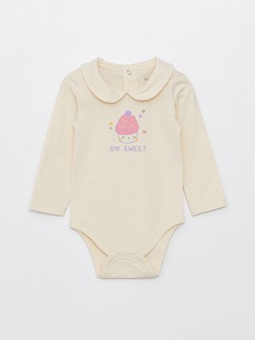 Bebe Yaka Uzun Kollu Baskılı Kız Bebek Çıtçıtlı Body 3'lü Takım KREM RENGİ