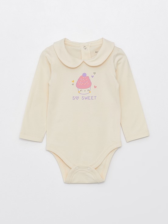 Bebe Yaka Uzun Kollu Baskılı Kız Bebek Çıtçıtlı Body 3'lü Takım KREM RENGİ