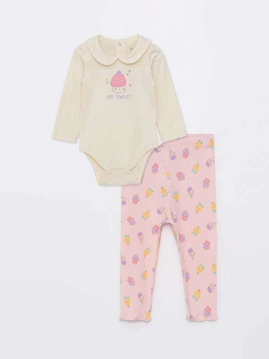 Bebe Yaka Uzun Kollu Baskılı Kız Bebek Çıtçıtlı Body 3'lü Takım KREM RENGİ