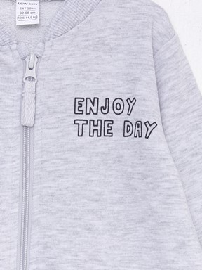 Bisiklet Yaka Uzun Kollu Nakış Detaylı Erkek Bebek Fermuarlı Sweatshirt KAR MELANJ