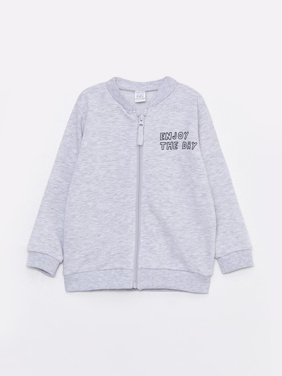 Bisiklet Yaka Uzun Kollu Nakış Detaylı Erkek Bebek Fermuarlı Sweatshirt KAR MELANJ