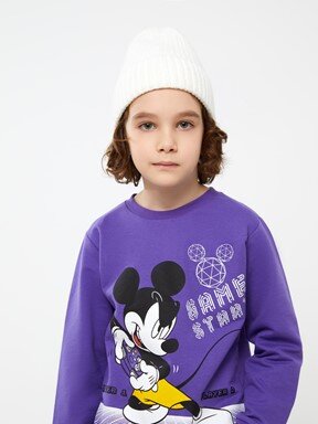 Bisiklet Yaka Mickey Mouse Baskılı Uzun Kollu Erkek Çocuk Sweatshirt AÇIK MOR