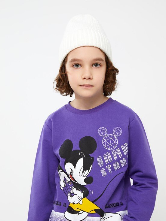 Bisiklet Yaka Mickey Mouse Baskılı Uzun Kollu Erkek Çocuk Sweatshirt AÇIK MOR
