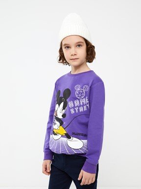 Bisiklet Yaka Mickey Mouse Baskılı Uzun Kollu Erkek Çocuk Sweatshirt AÇIK MOR