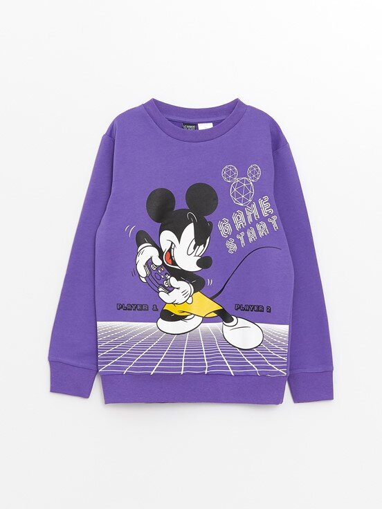 Bisiklet Yaka Mickey Mouse Baskılı Uzun Kollu Erkek Çocuk Sweatshirt AÇIK MOR