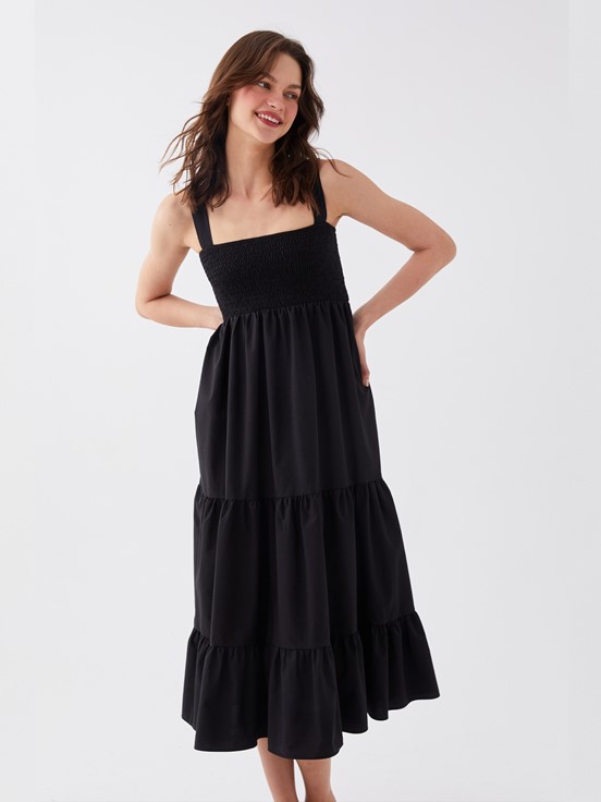 LCW CASUAL Kare Yaka Düz Askılı Poplin Kadın Elbise YENİ SİYAH