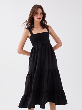 LCW CASUAL Kare Yaka Düz Askılı Poplin Kadın Elbise YENİ SİYAH