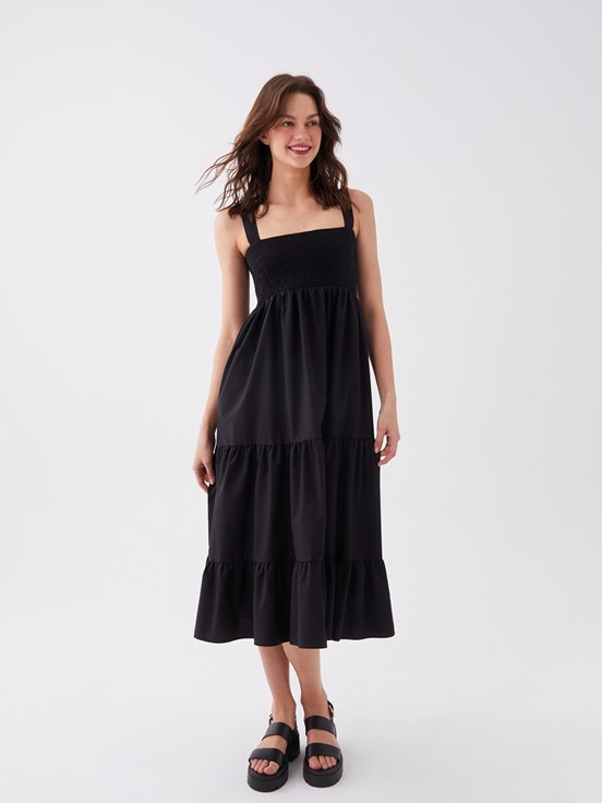 LCW CASUAL Kare Yaka Düz Askılı Poplin Kadın Elbise YENİ SİYAH