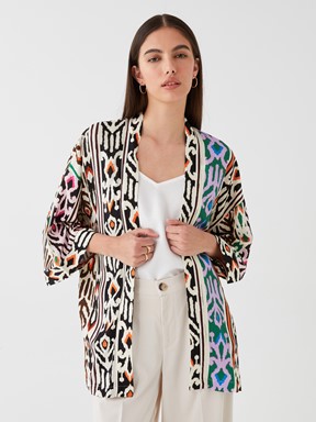 Şal Yaka Desenli Oversize Kadın Kimono LİMON YEŞİLİ BAS