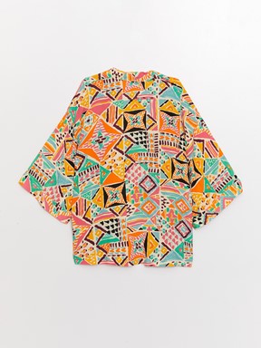 Şal Yaka Desenli Oversize Kadın Kimono LİMON YEŞİLİ BAS