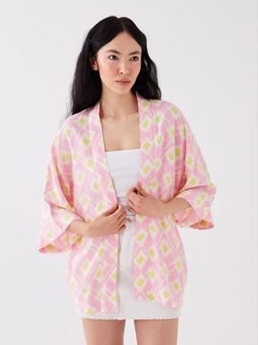 Şal Yaka Desenli Oversize Kadın Kimono LİMON YEŞİLİ BAS