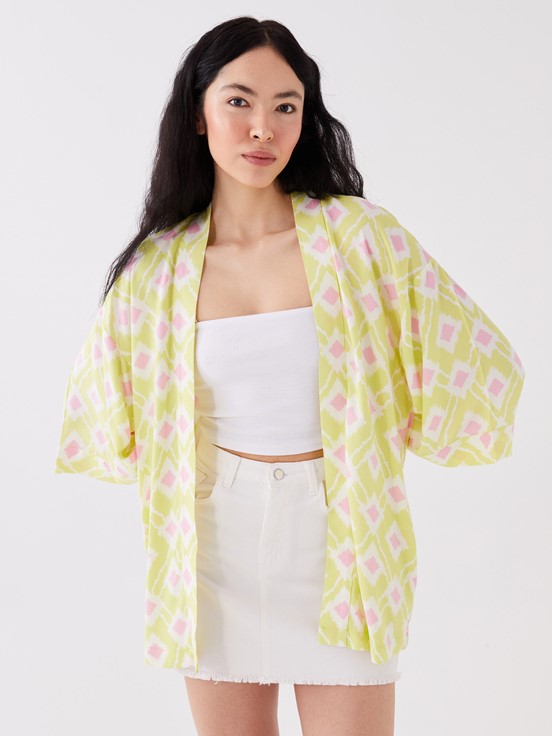 Şal Yaka Desenli Oversize Kadın Kimono LİMON YEŞİLİ BAS
